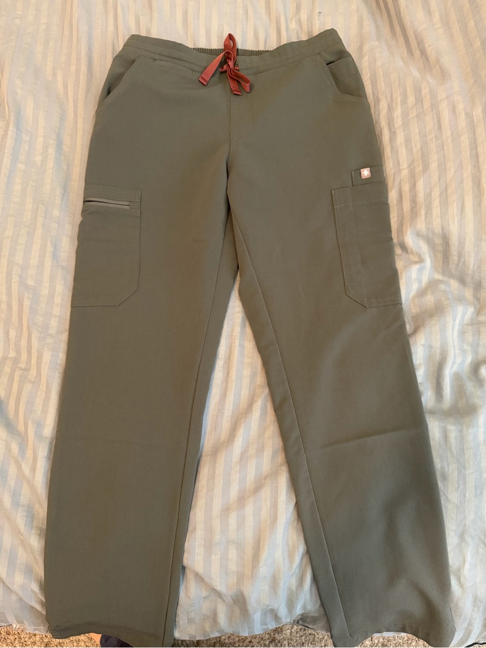 FIGS Women's Olive Green Cargo Scrub Pants with Rust Drawstring